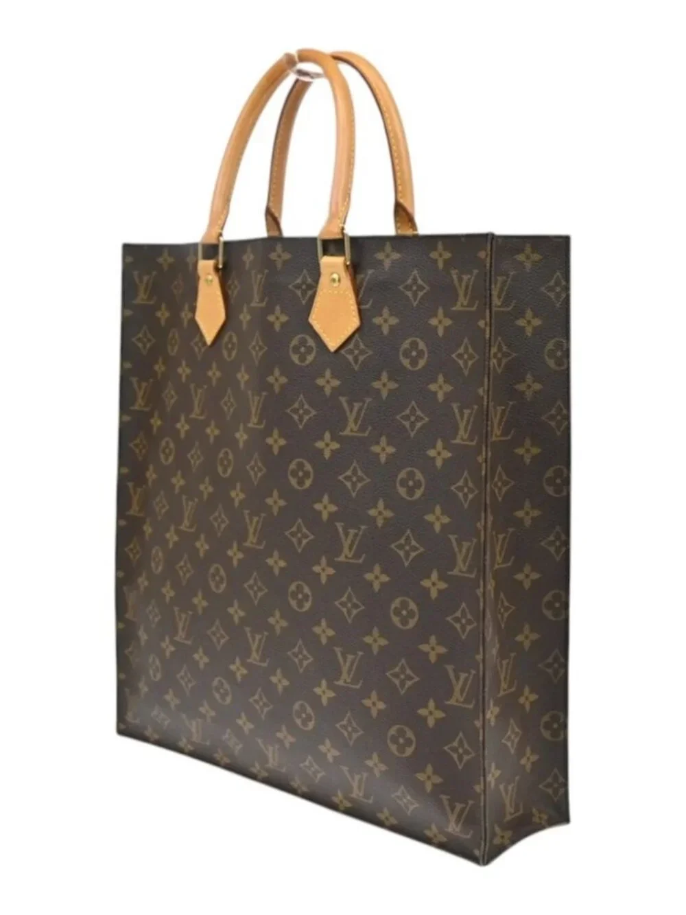 LOUIS VUITTON Logo Sac Plat Hand Tote Bag Monogram Leather Brown